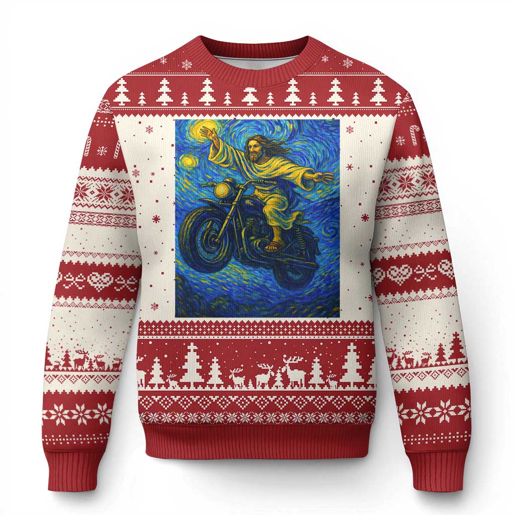 Funny Jesus Christian Motorcycle Ugly Christmas Sweater Starry Night Van Gogh Biker - Wonder Print Shop