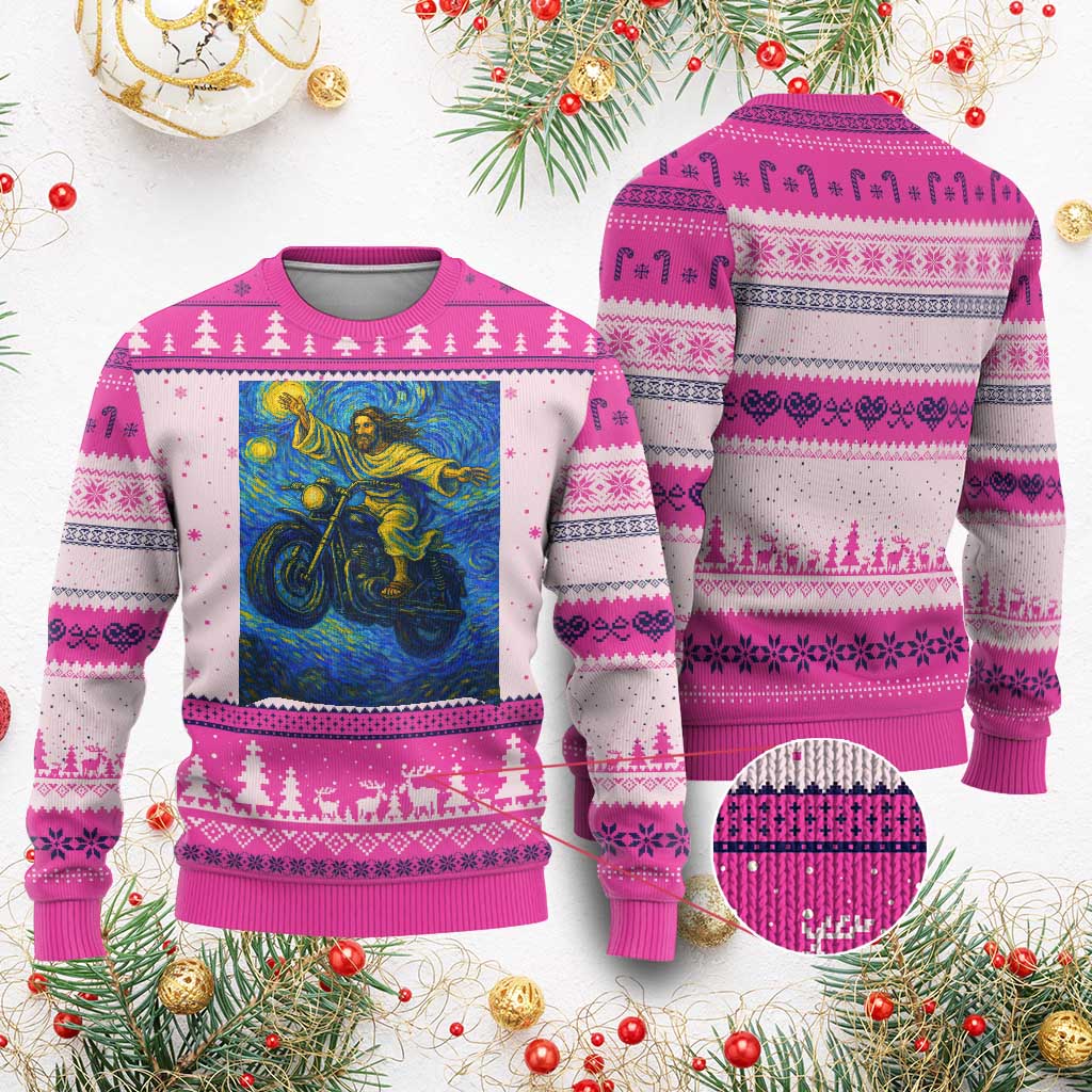 Funny Jesus Christian Motorcycle Ugly Christmas Sweater Starry Night Van Gogh Biker - Wonder Print Shop