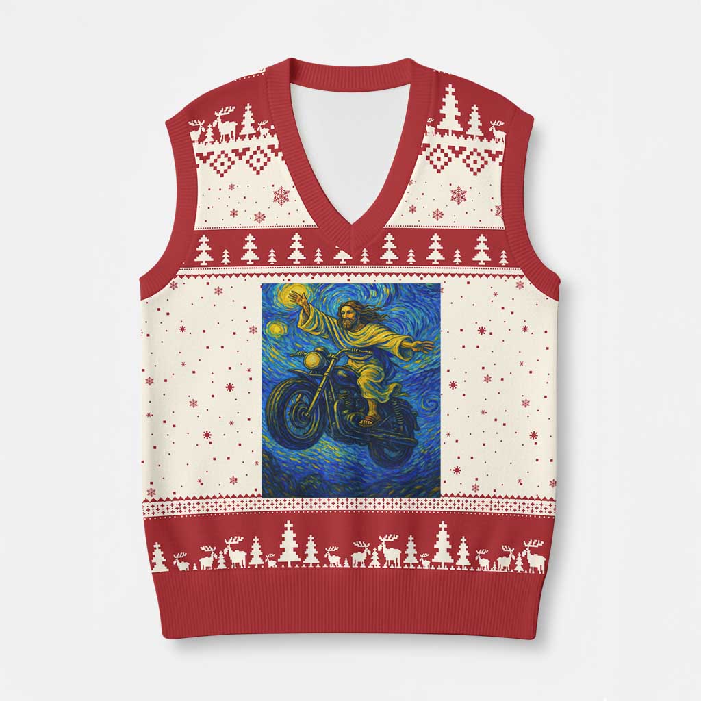 Funny Jesus Christian Motorcycle V-Neck Knit Sweater Vest Starry Night Van Gogh Biker - Wonder Print Shop