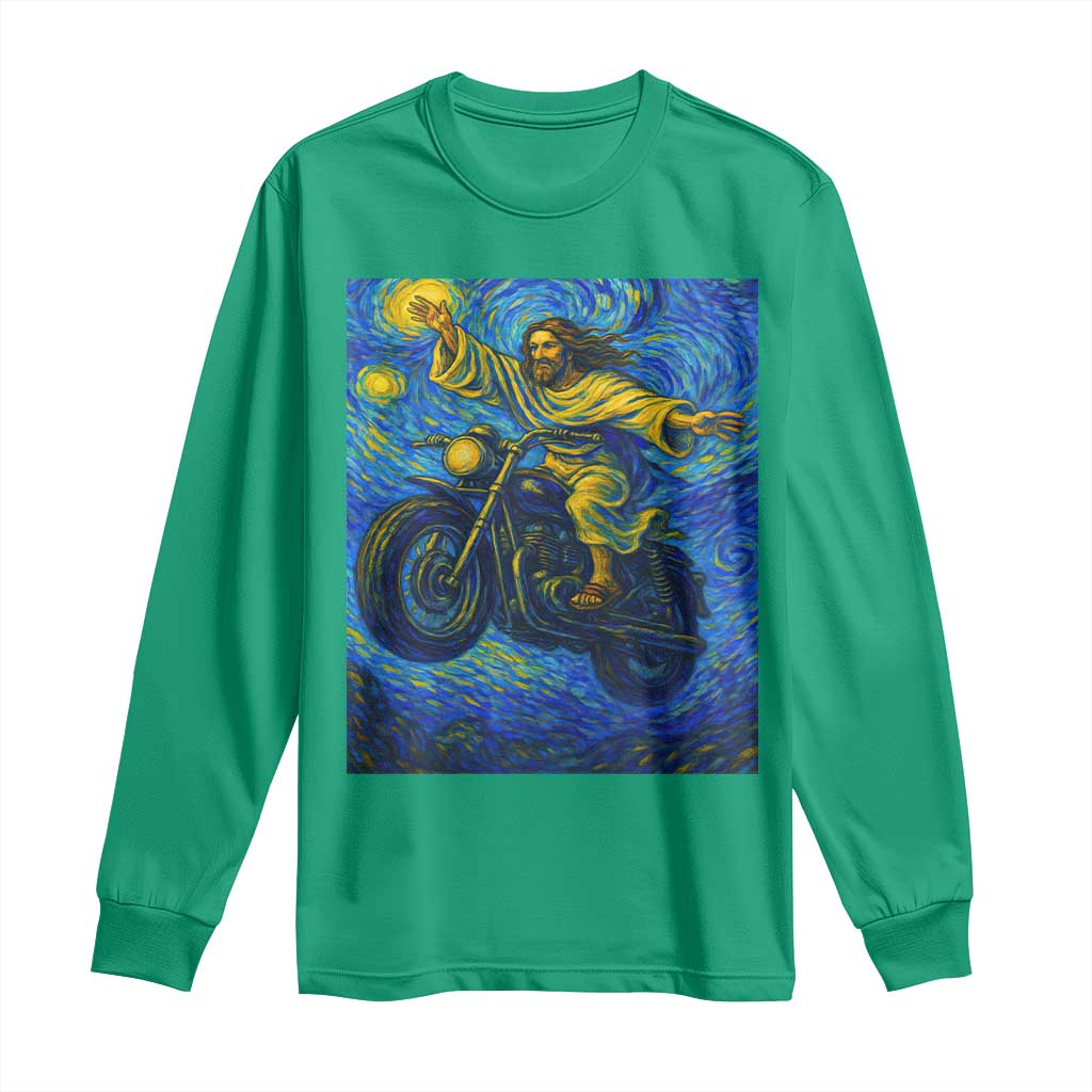 Funny Jesus Christian Motorcycle Long Sleeve Shirt Starry Night Van Gogh Biker - Wonder Print Shop