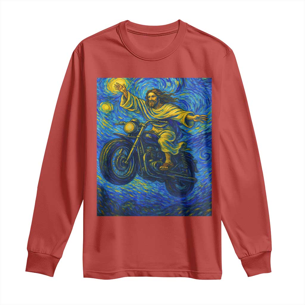 Funny Jesus Christian Motorcycle Long Sleeve Shirt Starry Night Van Gogh Biker - Wonder Print Shop