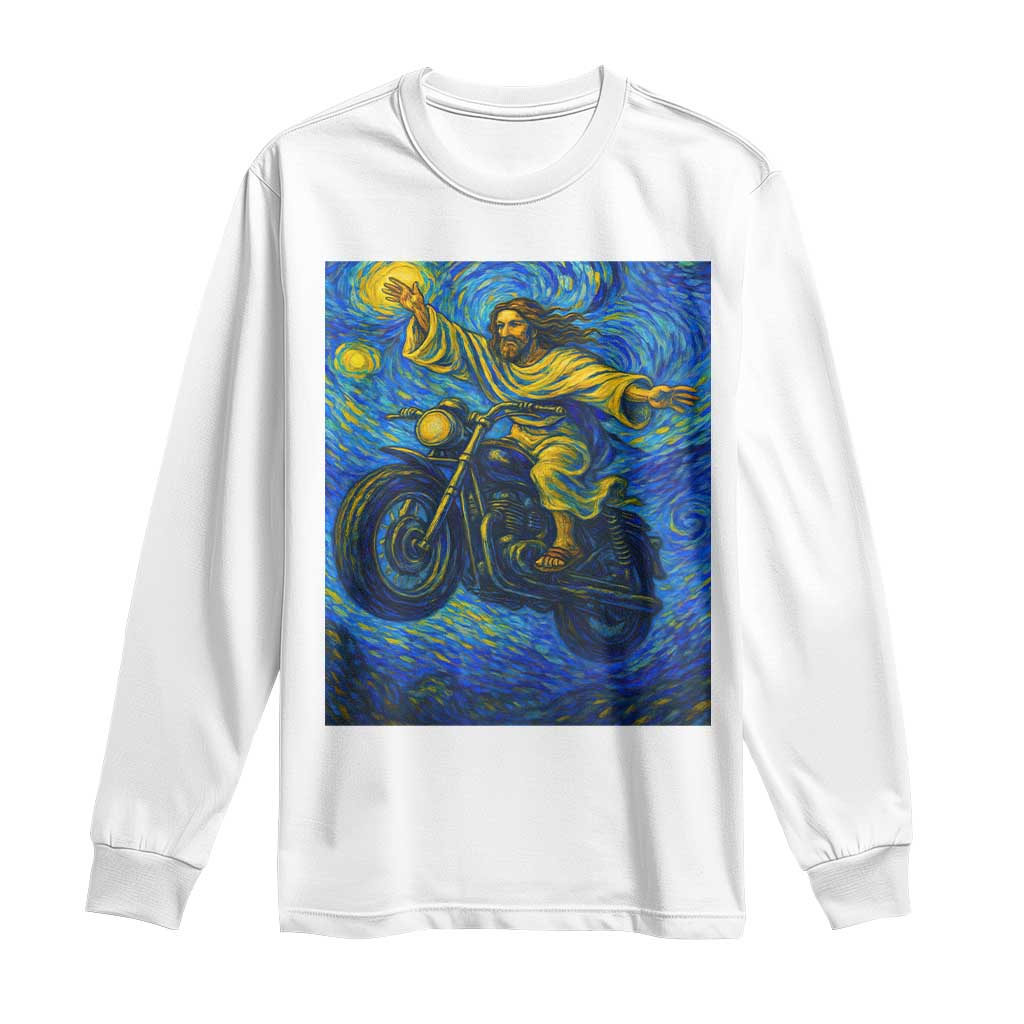 Funny Jesus Christian Motorcycle Long Sleeve Shirt Starry Night Van Gogh Biker - Wonder Print Shop
