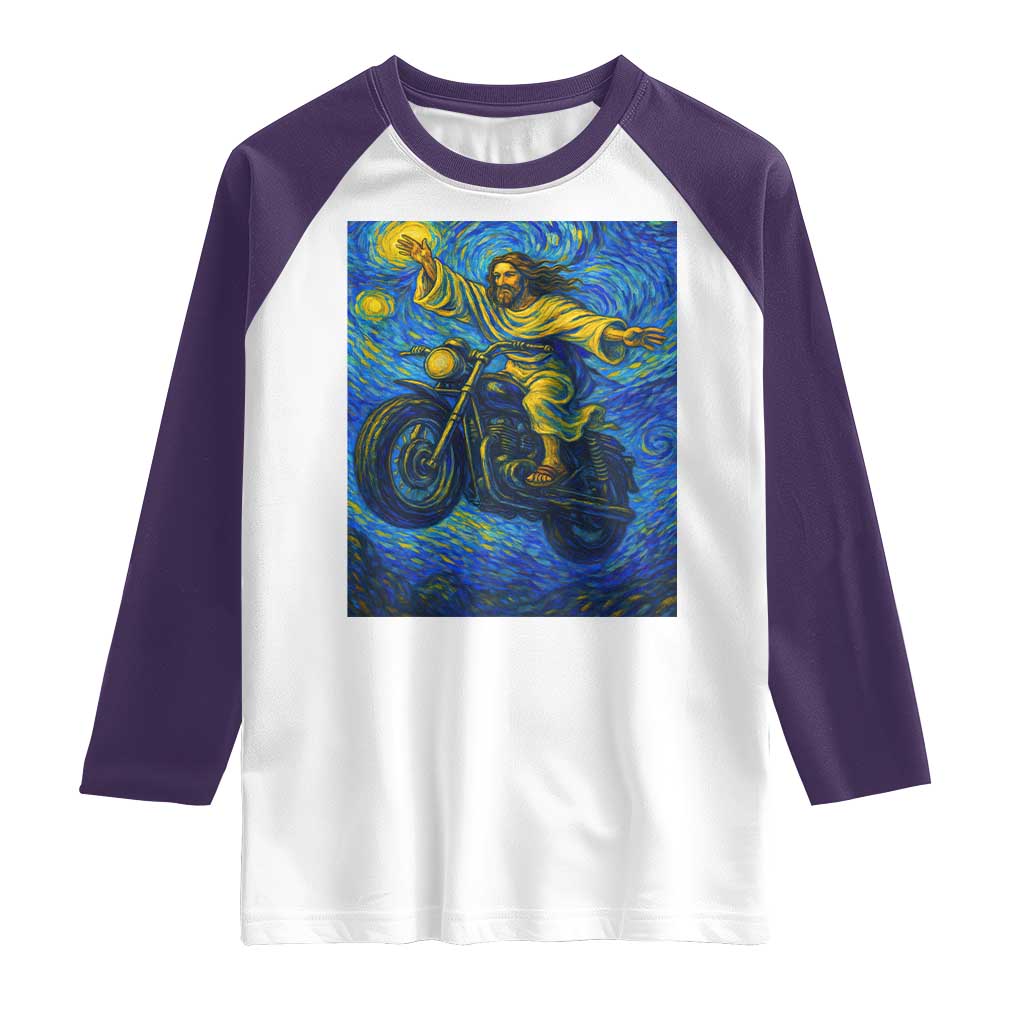 Funny Jesus Christian Motorcycle Raglan Shirt Starry Night Van Gogh Biker - Wonder Print Shop