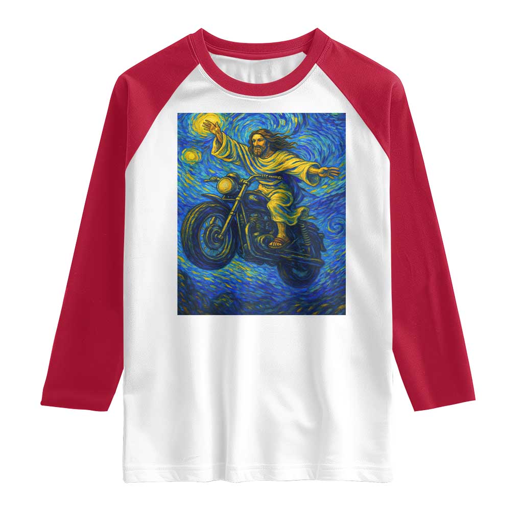 Funny Jesus Christian Motorcycle Raglan Shirt Starry Night Van Gogh Biker - Wonder Print Shop