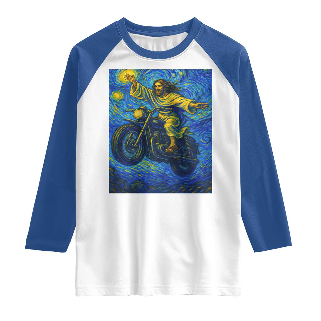 Funny Jesus Christian Motorcycle Raglan Shirt Starry Night Van Gogh Biker - Wonder Print Shop