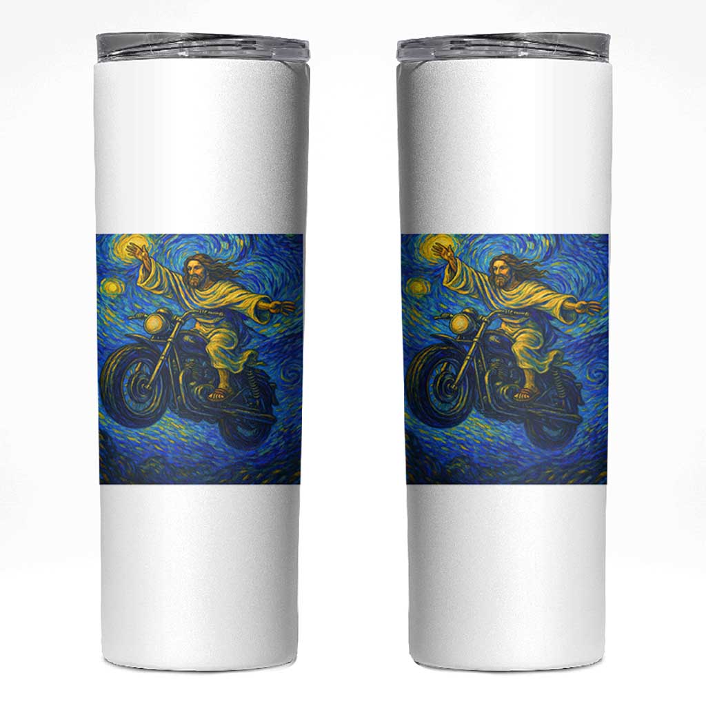 Funny Jesus Christian Motorcycle Skinny Tumbler Starry Night Van Gogh Biker