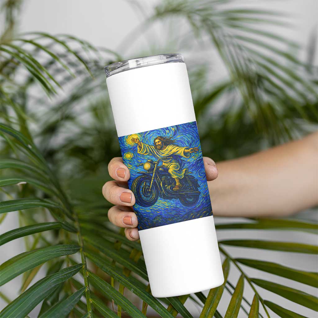 Funny Jesus Christian Motorcycle Skinny Tumbler Starry Night Van Gogh Biker