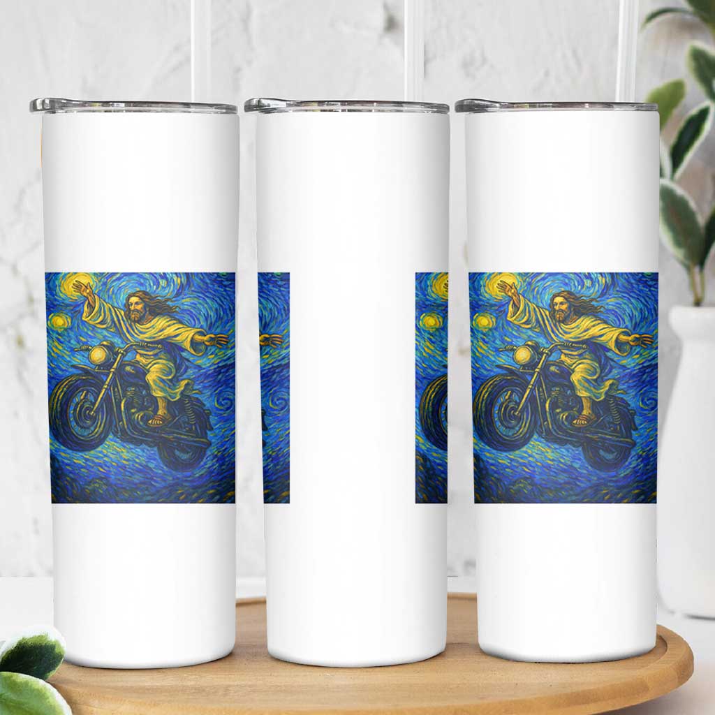 Funny Jesus Christian Motorcycle Skinny Tumbler Starry Night Van Gogh Biker