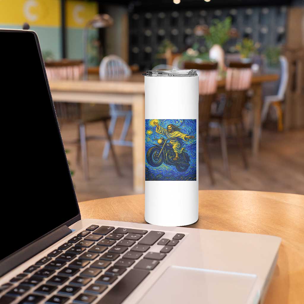 Funny Jesus Christian Motorcycle Skinny Tumbler Starry Night Van Gogh Biker
