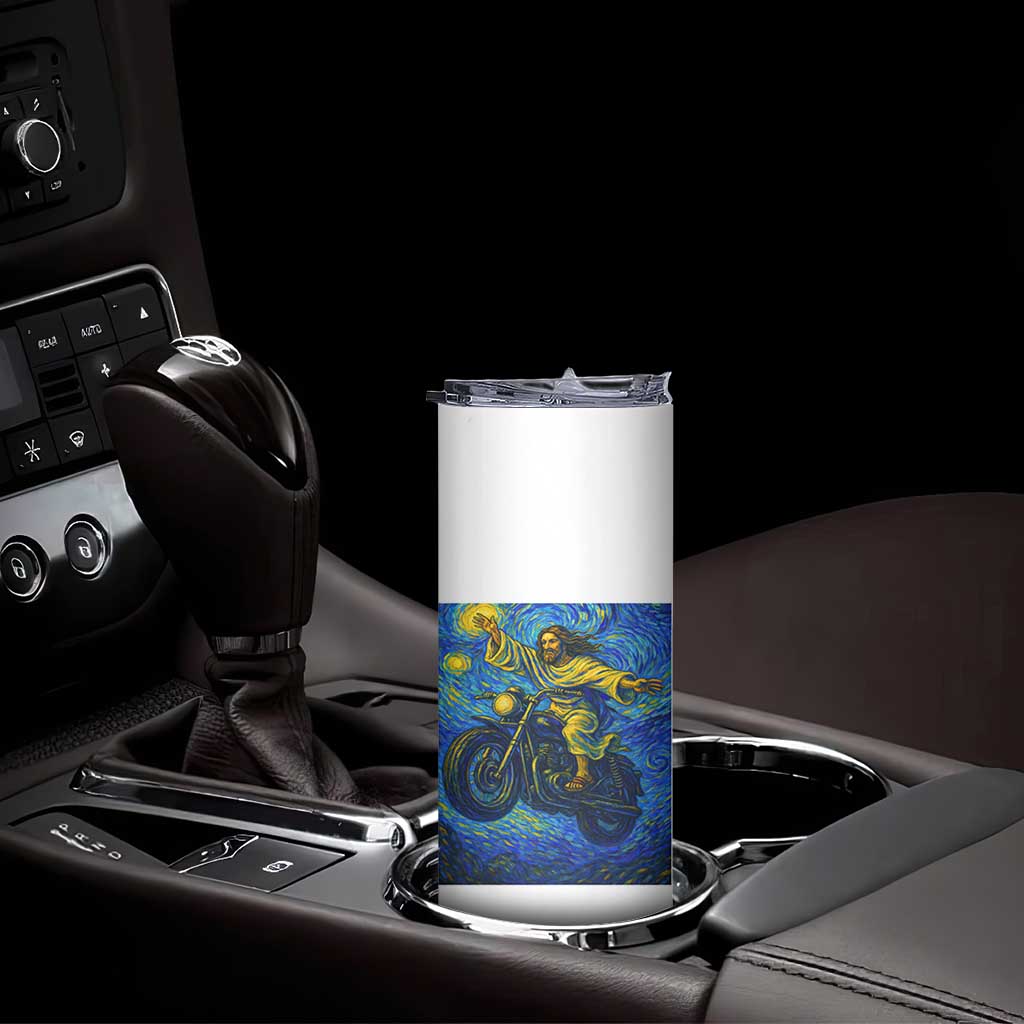 Funny Jesus Christian Motorcycle Skinny Tumbler Starry Night Van Gogh Biker