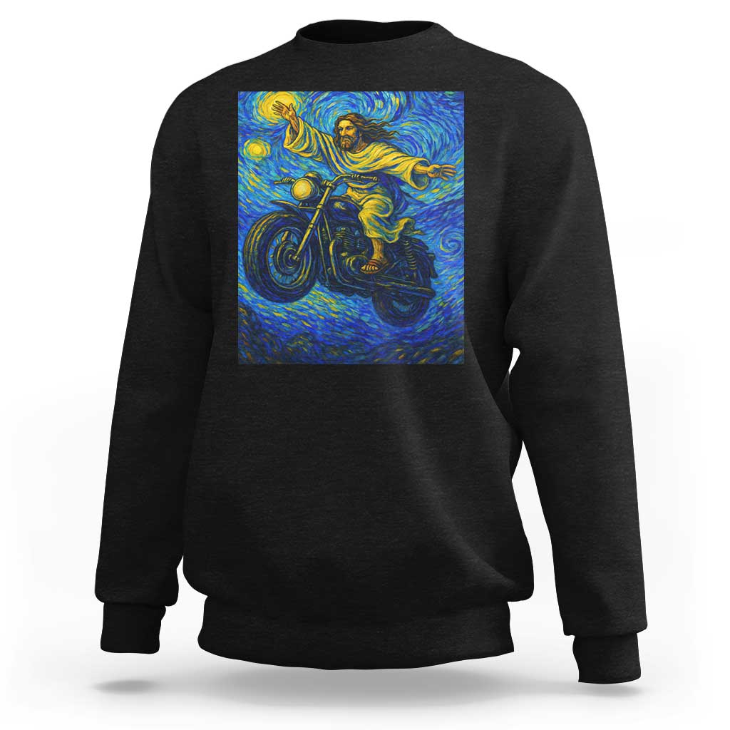Funny Jesus Christian Motorcycle Sweatshirt Starry Night Van Gogh Biker - Wonder Print Shop
