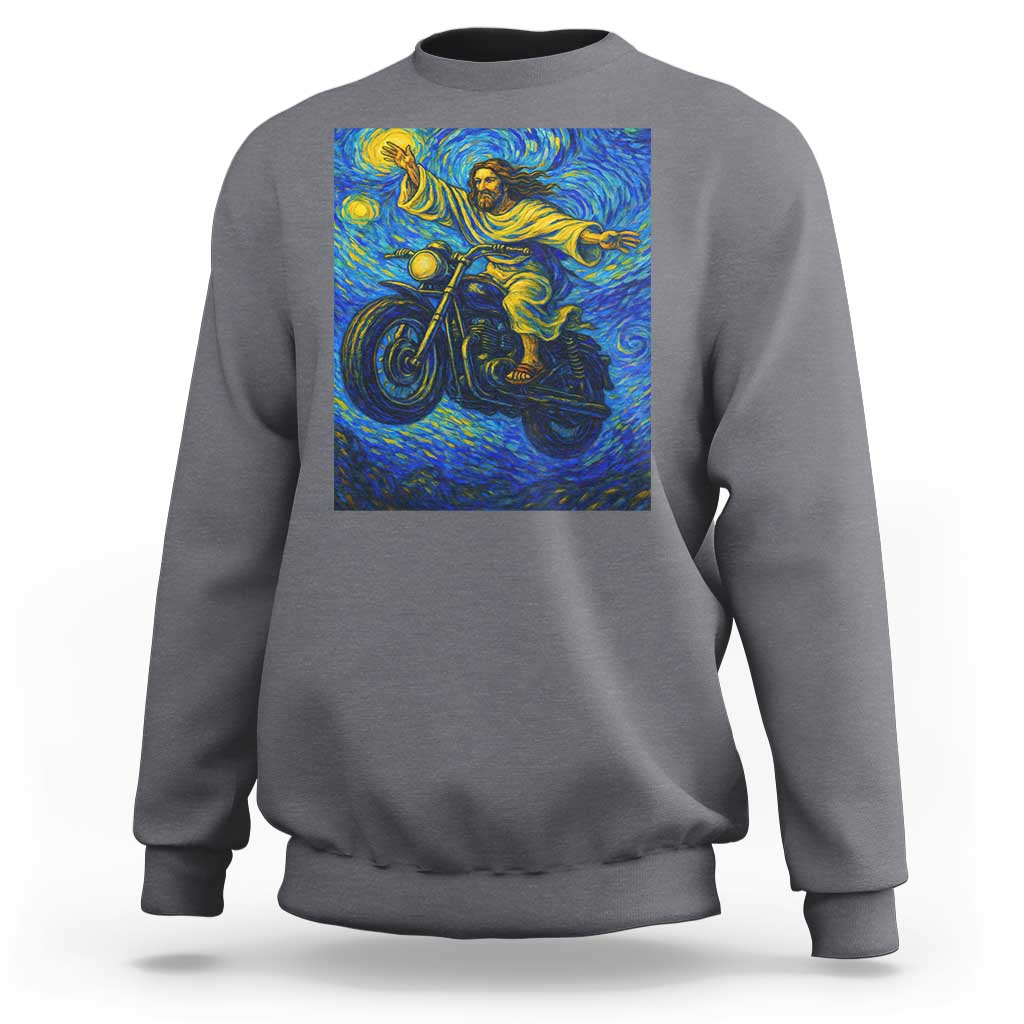 Funny Jesus Christian Motorcycle Sweatshirt Starry Night Van Gogh Biker - Wonder Print Shop