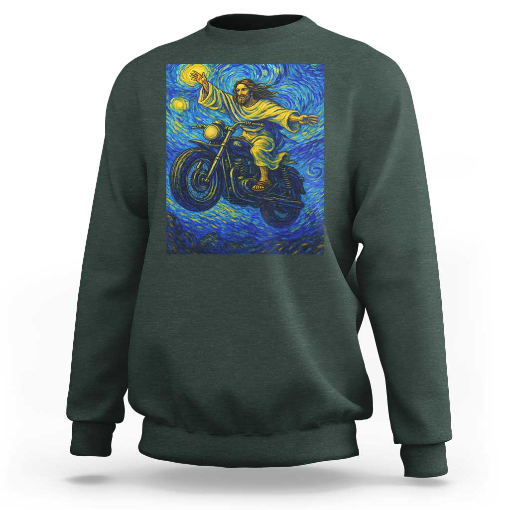 Funny Jesus Christian Motorcycle Sweatshirt Starry Night Van Gogh Biker - Wonder Print Shop