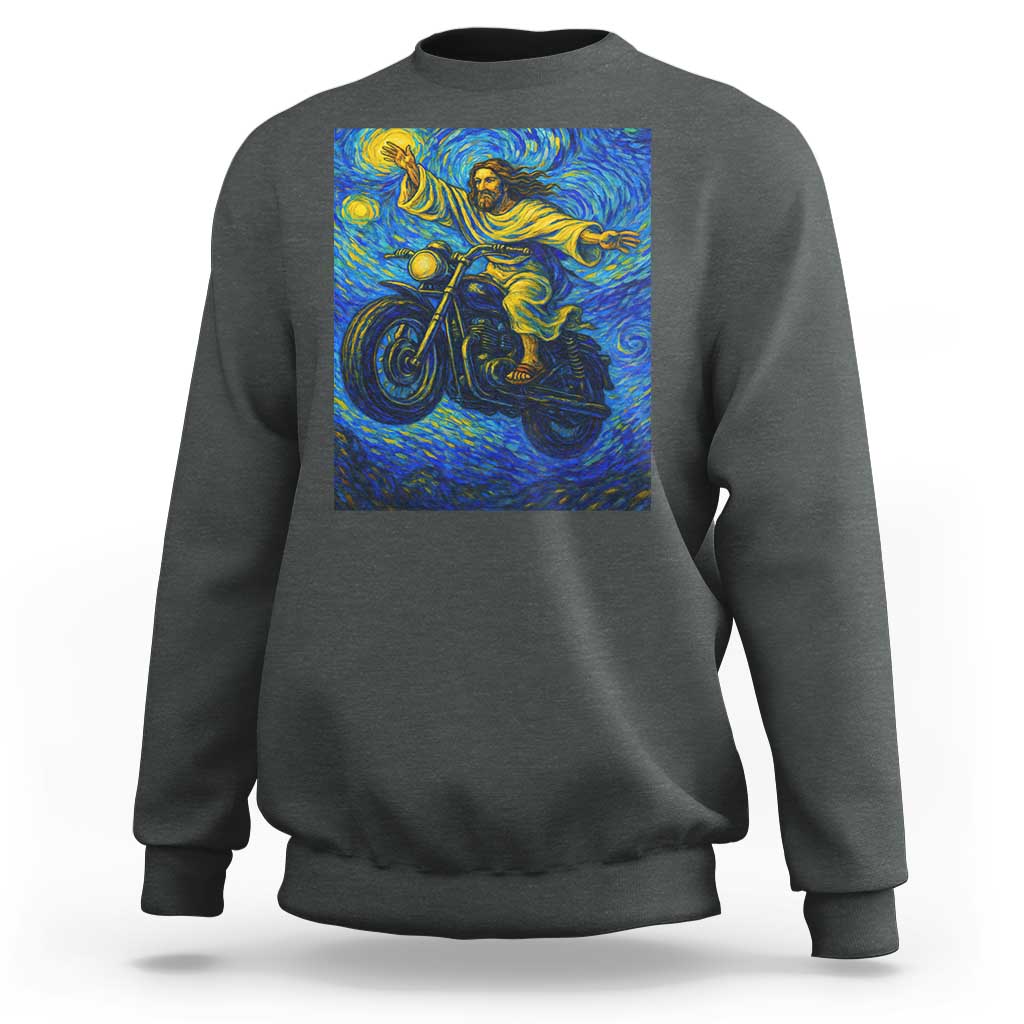 Funny Jesus Christian Motorcycle Sweatshirt Starry Night Van Gogh Biker - Wonder Print Shop