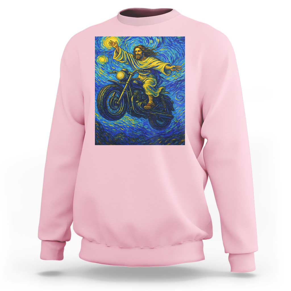 Funny Jesus Christian Motorcycle Sweatshirt Starry Night Van Gogh Biker - Wonder Print Shop