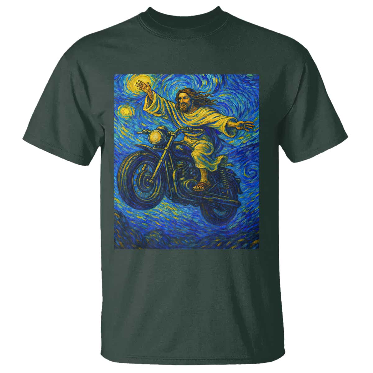 Funny Jesus Christian Motorcycle T Shirt Starry Night Van Gogh Biker - Wonder Print Shop