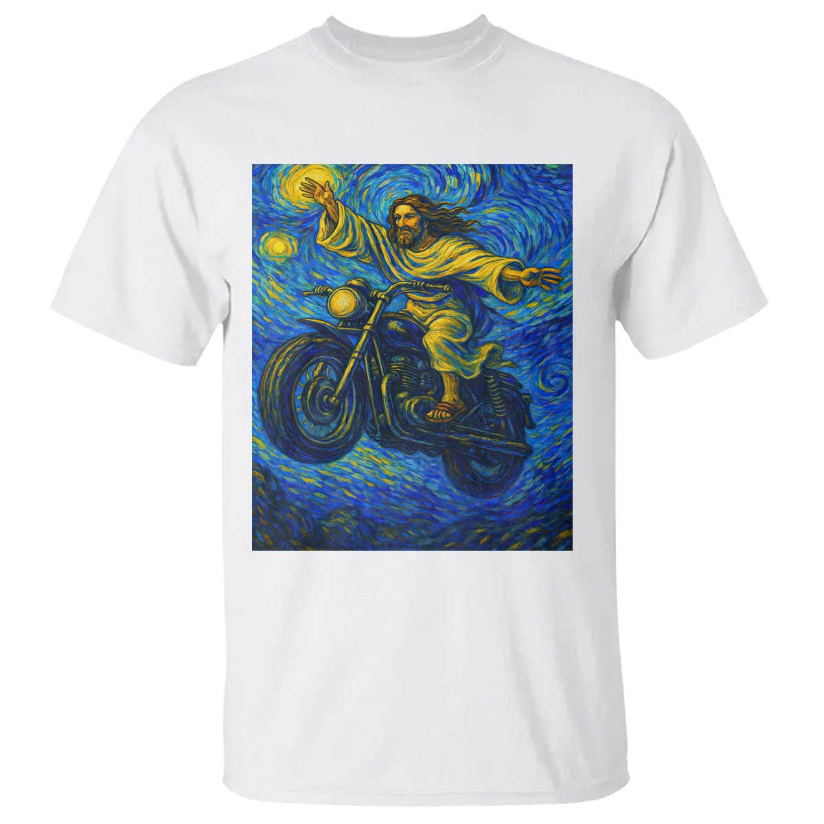 Funny Jesus Christian Motorcycle T Shirt Starry Night Van Gogh Biker - Wonder Print Shop