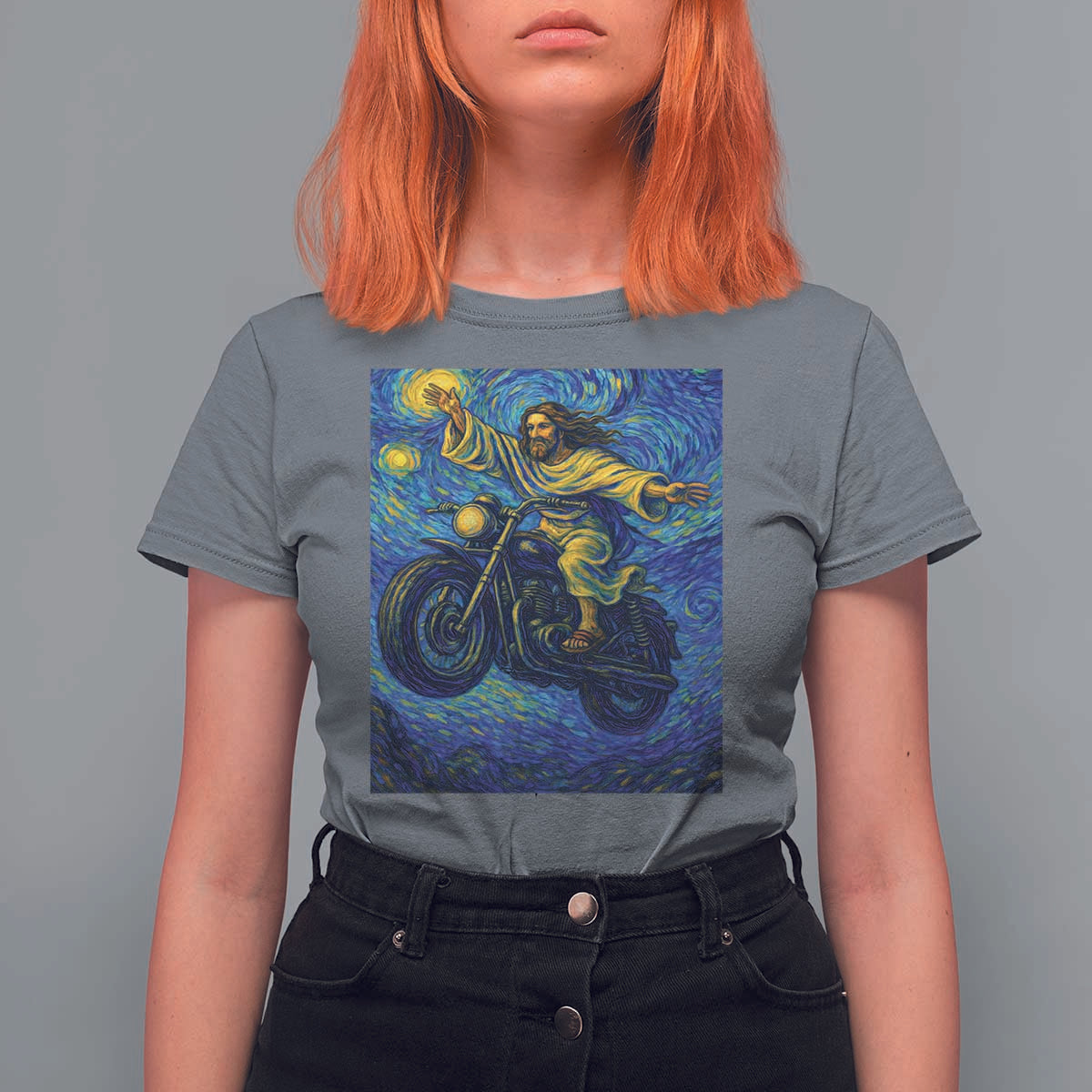 Funny Jesus Christian Motorcycle T Shirt For Women Starry Night Van Gogh Biker - Wonder Print Shop