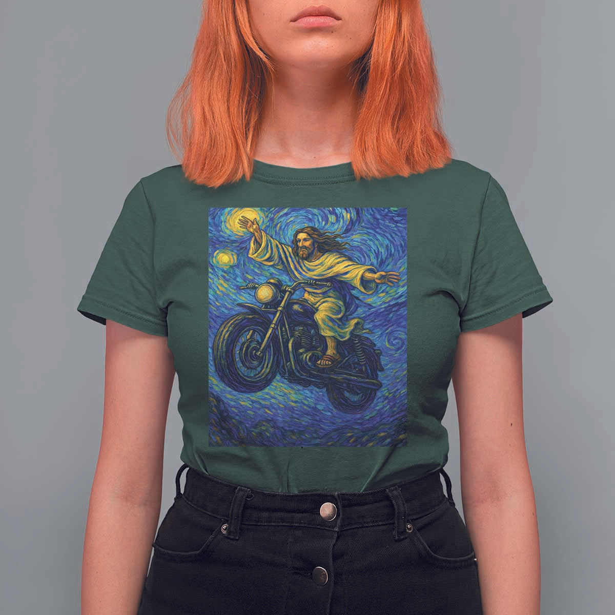 Funny Jesus Christian Motorcycle T Shirt For Women Starry Night Van Gogh Biker - Wonder Print Shop
