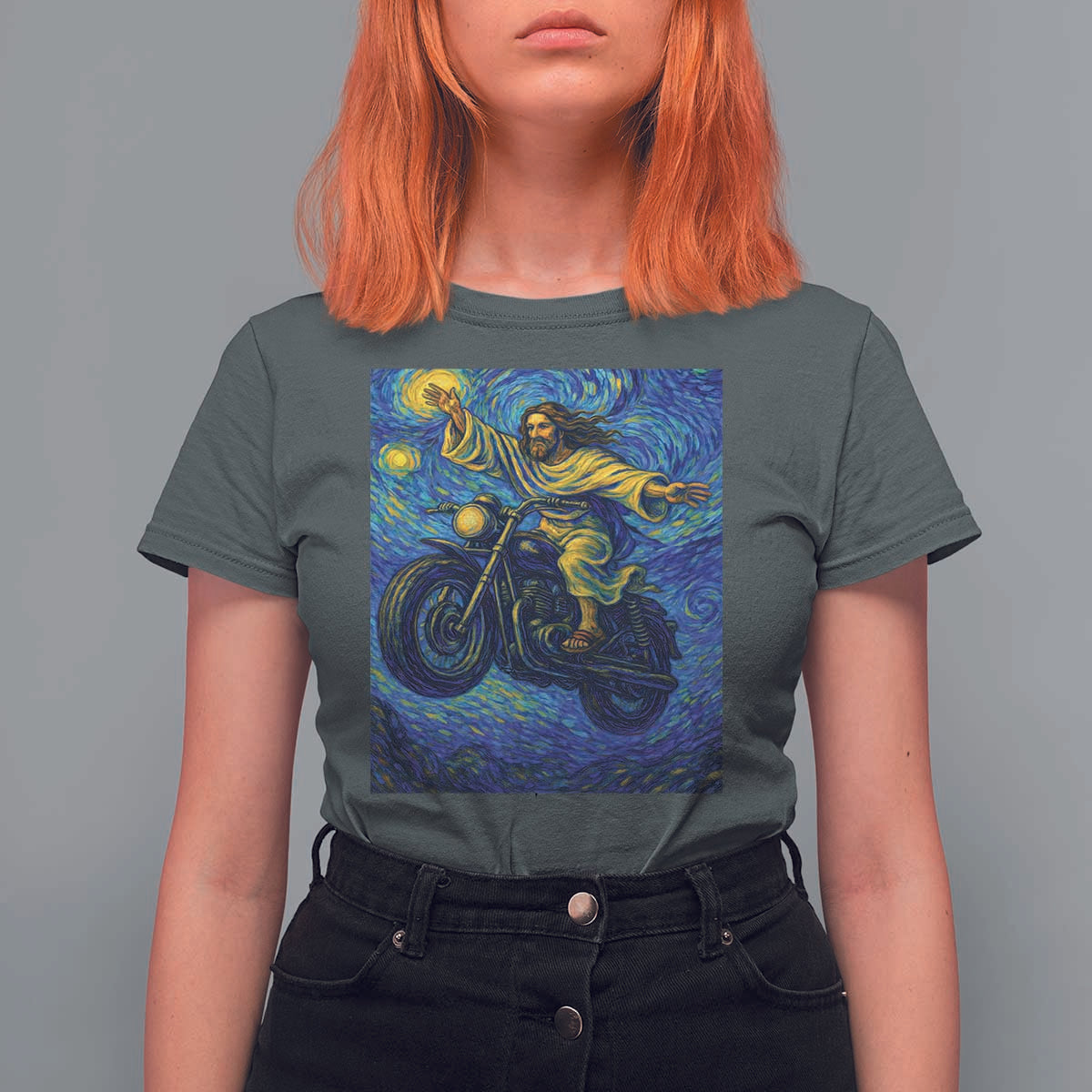 Funny Jesus Christian Motorcycle T Shirt For Women Starry Night Van Gogh Biker - Wonder Print Shop