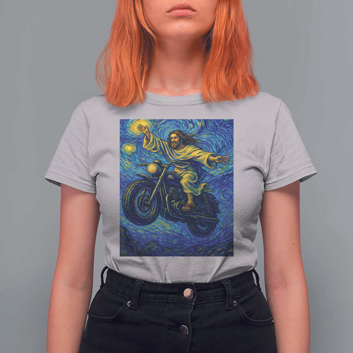 Funny Jesus Christian Motorcycle T Shirt For Women Starry Night Van Gogh Biker - Wonder Print Shop