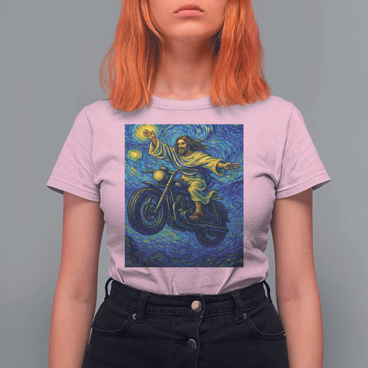 Funny Jesus Christian Motorcycle T Shirt For Women Starry Night Van Gogh Biker - Wonder Print Shop
