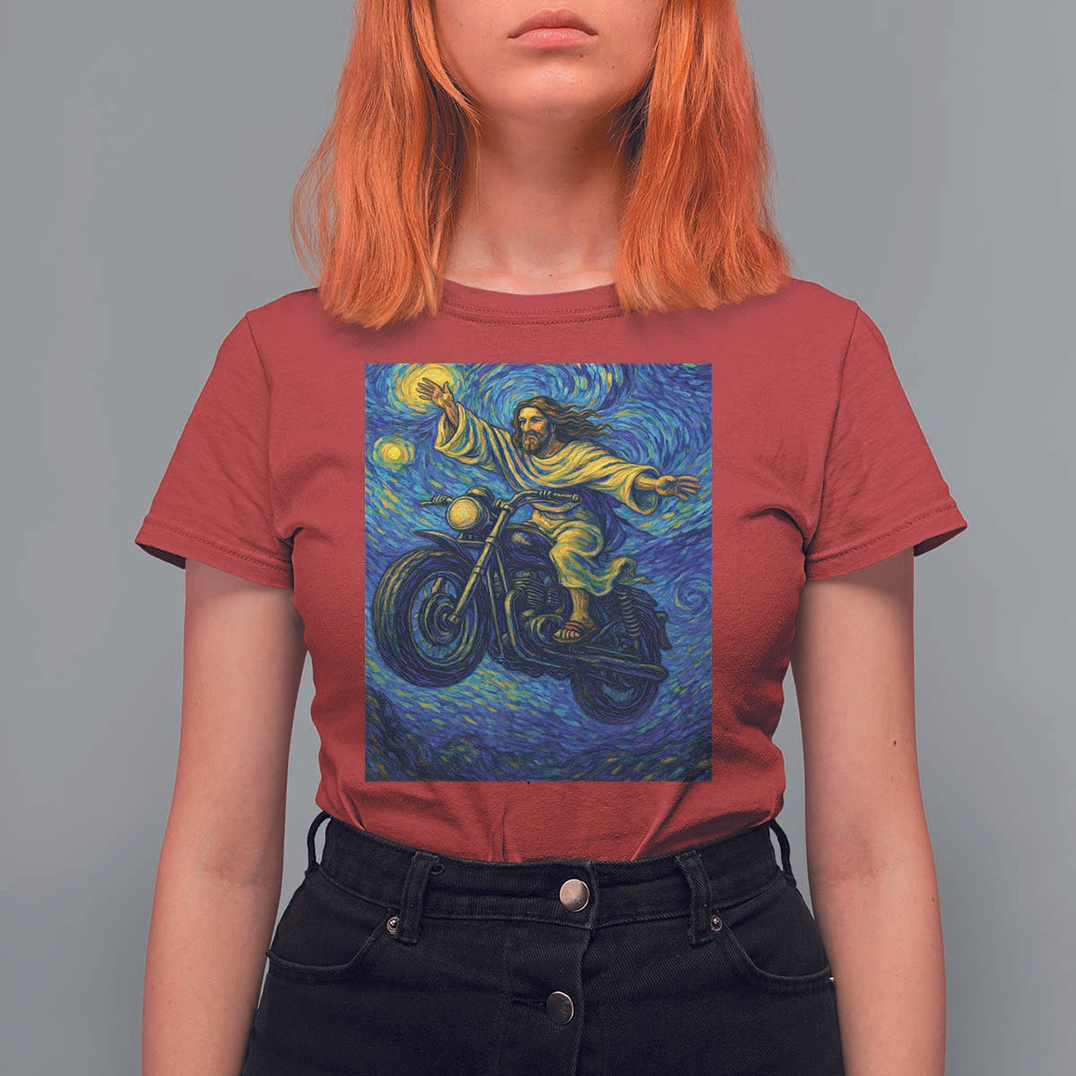 Funny Jesus Christian Motorcycle T Shirt For Women Starry Night Van Gogh Biker - Wonder Print Shop