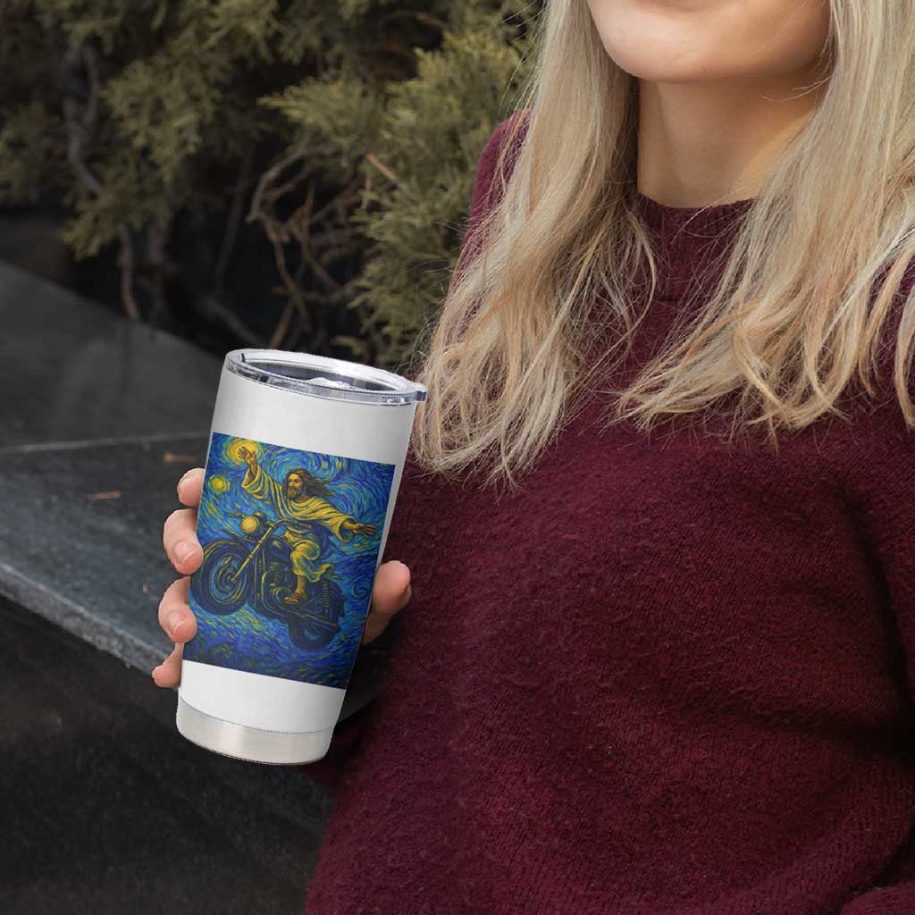 Funny Jesus Christian Motorcycle Tumbler Cup Starry Night Van Gogh Biker