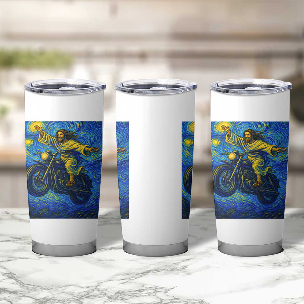 Funny Jesus Christian Motorcycle Tumbler Cup Starry Night Van Gogh Biker