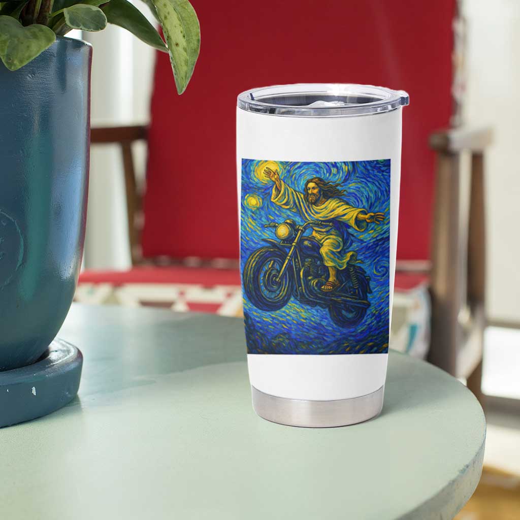 Funny Jesus Christian Motorcycle Tumbler Cup Starry Night Van Gogh Biker