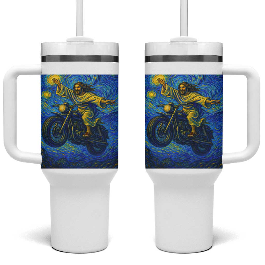 Funny Jesus Christian Motorcycle Tumbler With Handle Starry Night Van Gogh Biker