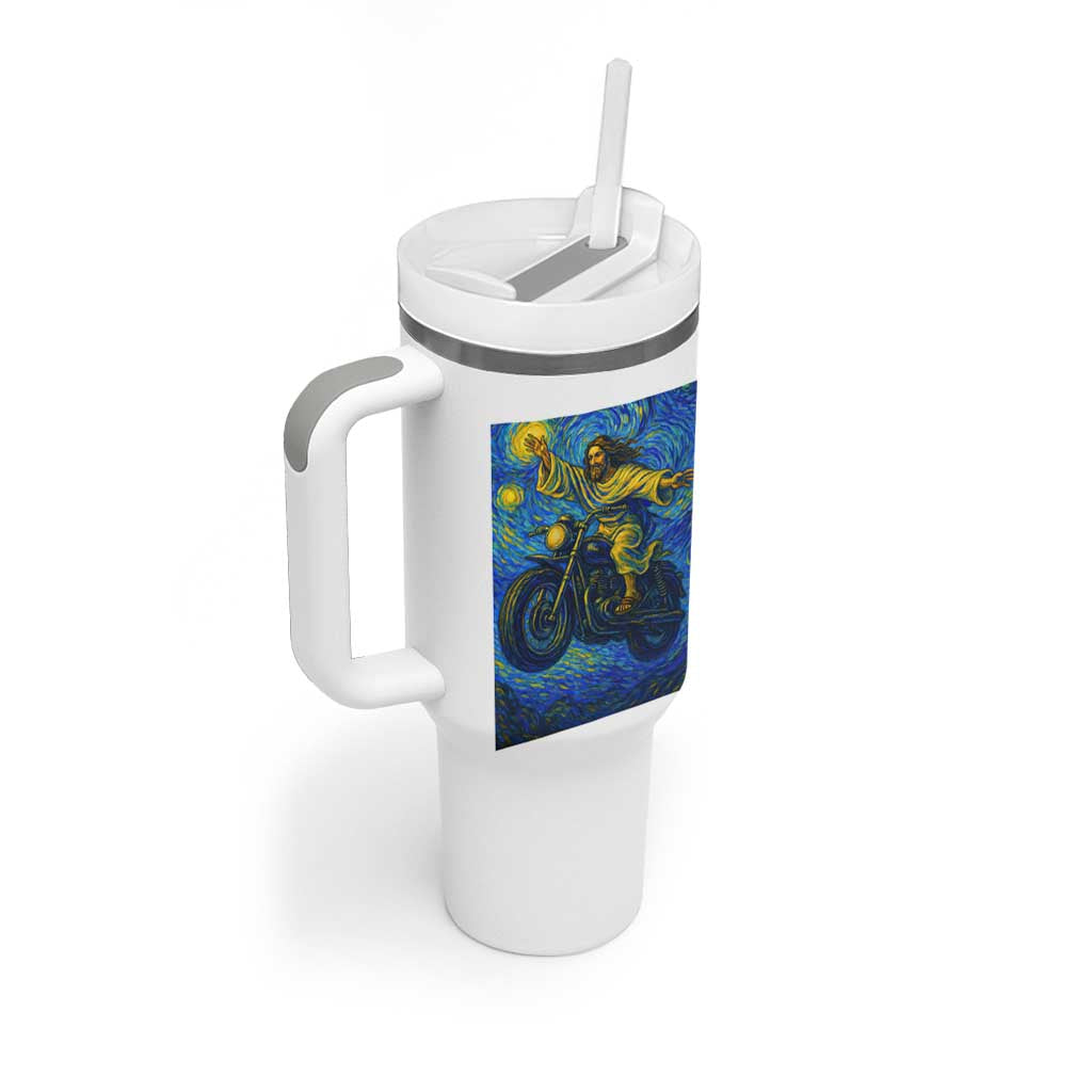 Funny Jesus Christian Motorcycle Tumbler With Handle Starry Night Van Gogh Biker