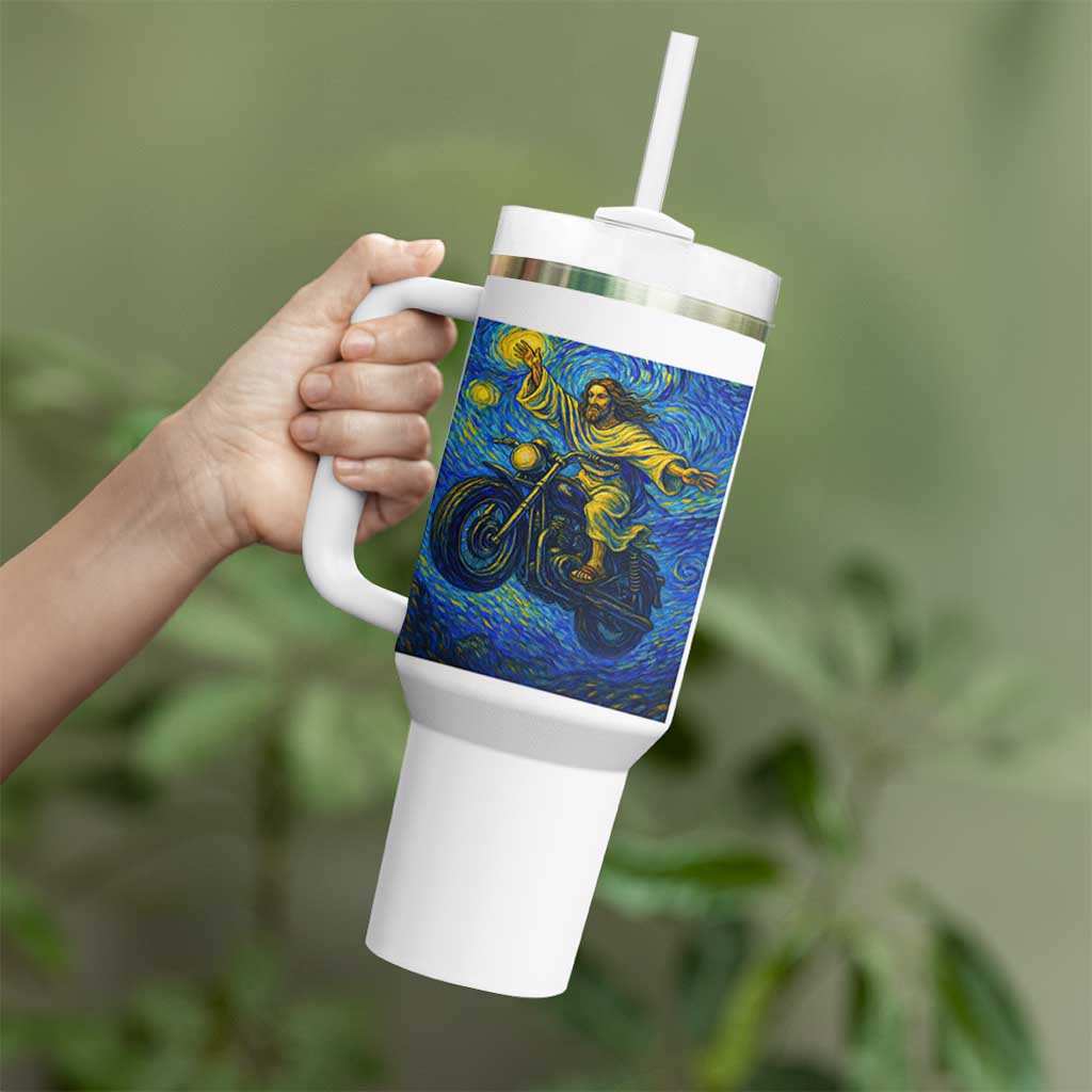 Funny Jesus Christian Motorcycle Tumbler With Handle Starry Night Van Gogh Biker
