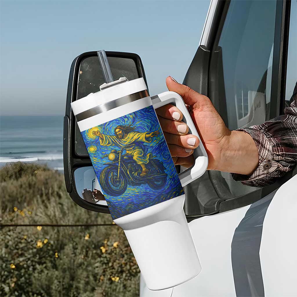 Funny Jesus Christian Motorcycle Tumbler With Handle Starry Night Van Gogh Biker
