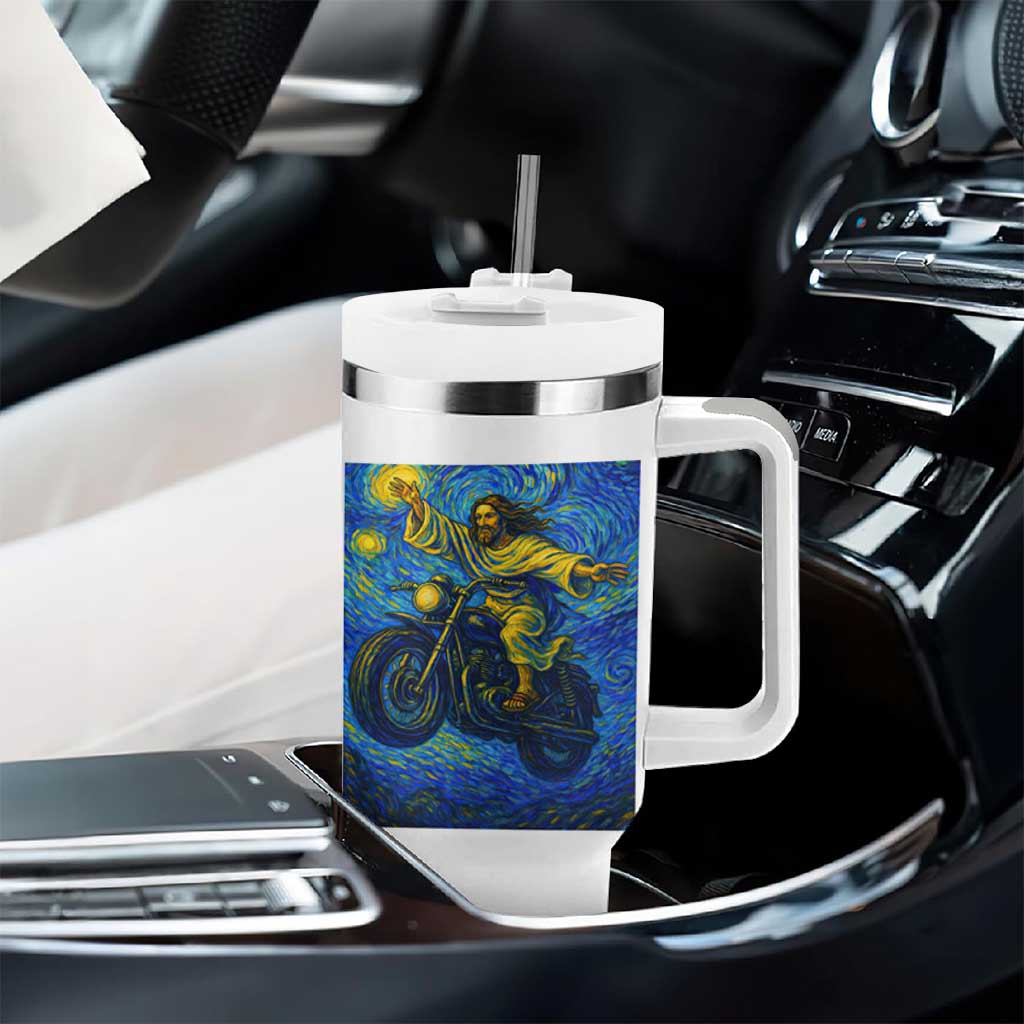 Funny Jesus Christian Motorcycle Tumbler With Handle Starry Night Van Gogh Biker