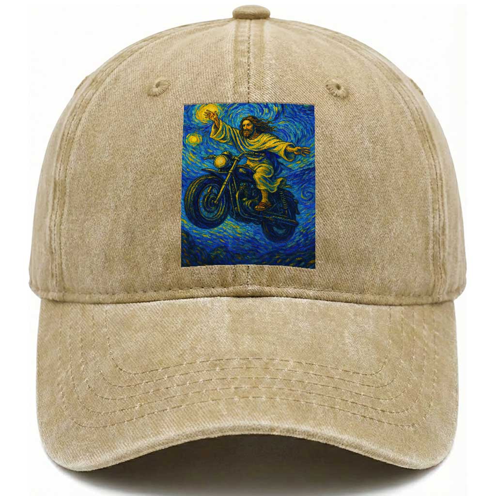 Funny Jesus Christian Motorcycle Washed Cotton Baseball Cap Starry Night Van Gogh Biker