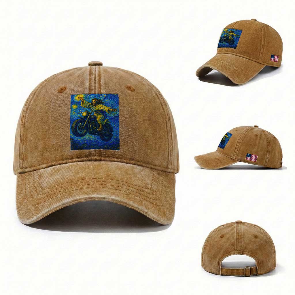Funny Jesus Christian Motorcycle Washed Cotton Baseball Cap Starry Night Van Gogh Biker