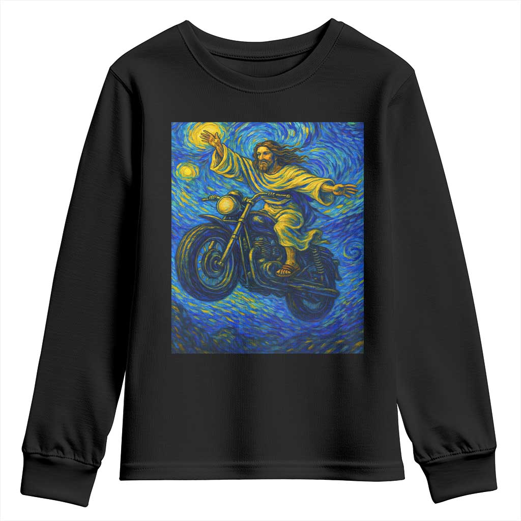 Funny Jesus Christian Motorcycle Youth Sweatshirt Starry Night Van Gogh Biker - Wonder Print Shop