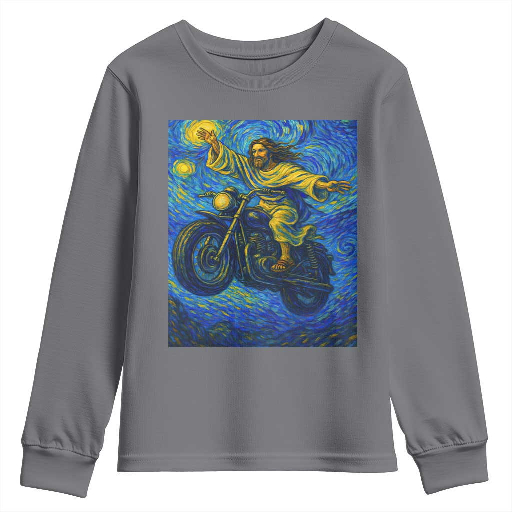 Funny Jesus Christian Motorcycle Youth Sweatshirt Starry Night Van Gogh Biker - Wonder Print Shop