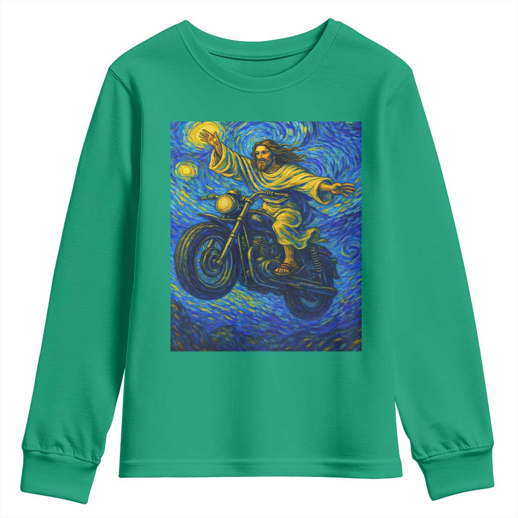 Funny Jesus Christian Motorcycle Youth Sweatshirt Starry Night Van Gogh Biker - Wonder Print Shop