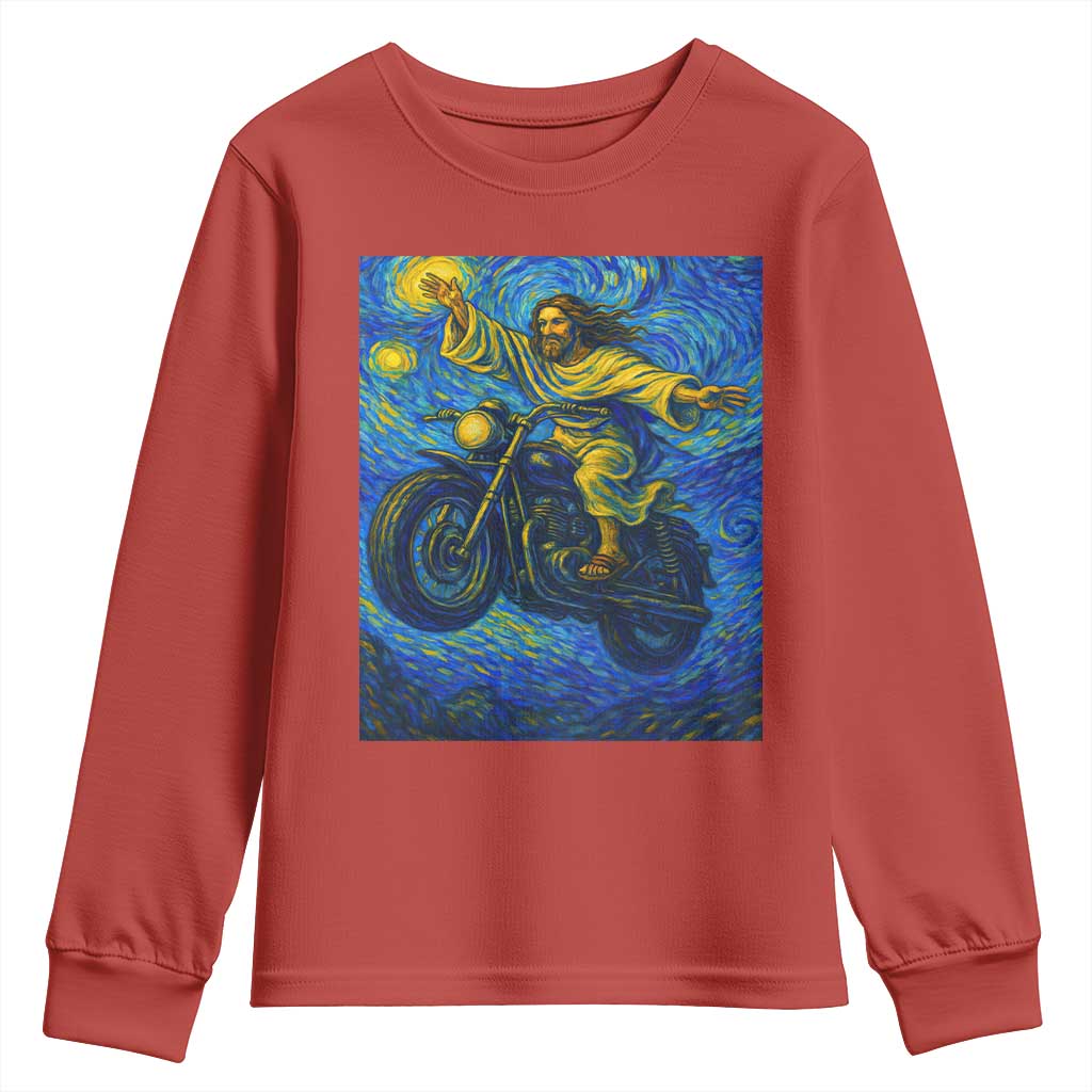 Funny Jesus Christian Motorcycle Youth Sweatshirt Starry Night Van Gogh Biker - Wonder Print Shop
