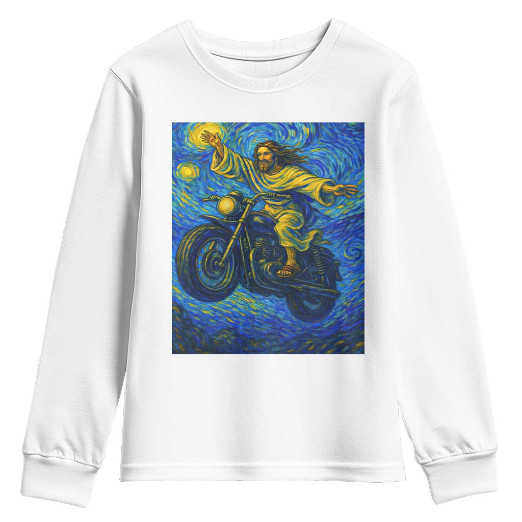 Funny Jesus Christian Motorcycle Youth Sweatshirt Starry Night Van Gogh Biker - Wonder Print Shop