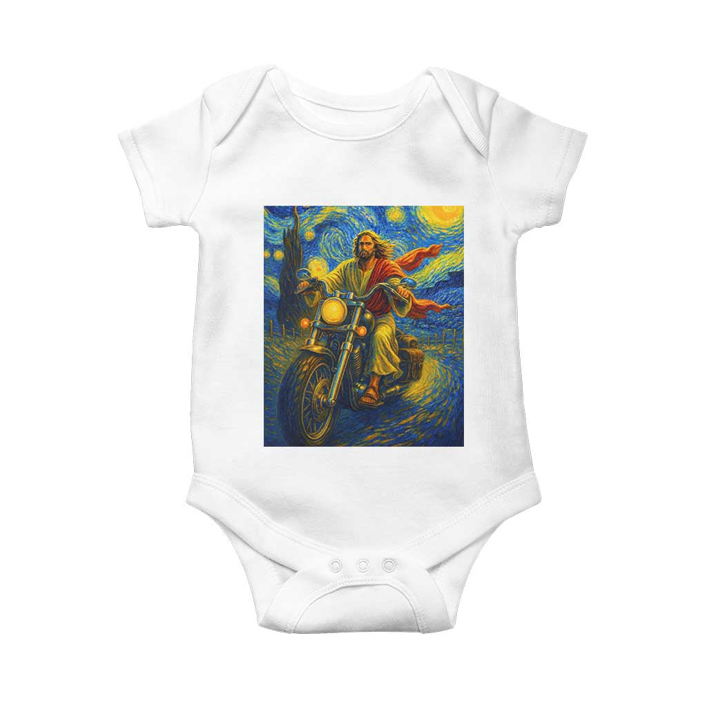 Jesus Christian Motorcycle Starry Night Van Gogh Baby Onesie - Wonder Print Shop