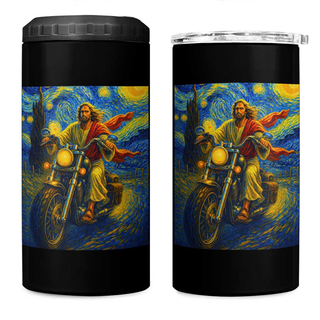 Jesus Christian Motorcycle Starry Night Van Gogh 4 in 1 Can Cooler Tumbler