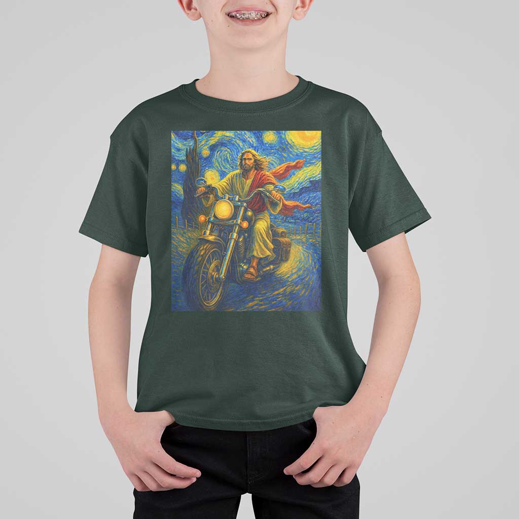 Jesus Christian Motorcycle Starry Night Van Gogh T Shirt For Kid - Wonder Print Shop