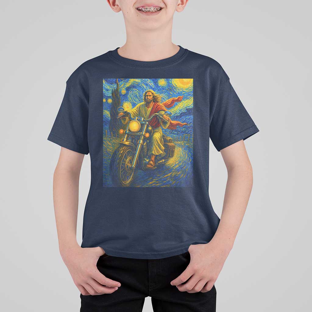 Jesus Christian Motorcycle Starry Night Van Gogh T Shirt For Kid - Wonder Print Shop