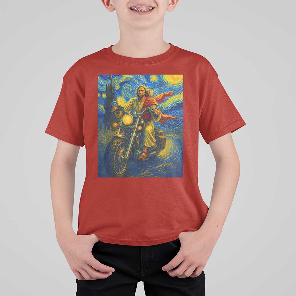 Jesus Christian Motorcycle Starry Night Van Gogh T Shirt For Kid - Wonder Print Shop