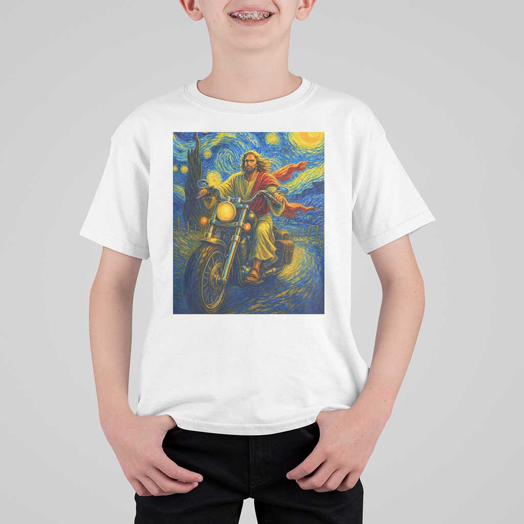 Jesus Christian Motorcycle Starry Night Van Gogh T Shirt For Kid - Wonder Print Shop