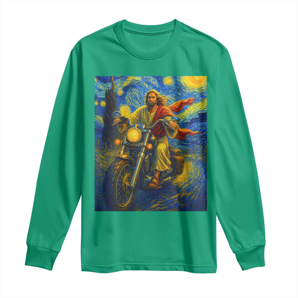 Jesus Christian Motorcycle Starry Night Van Gogh Long Sleeve Shirt - Wonder Print Shop