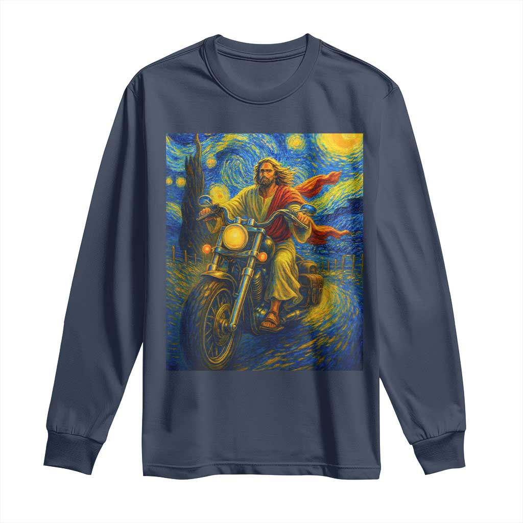 Jesus Christian Motorcycle Starry Night Van Gogh Long Sleeve Shirt - Wonder Print Shop